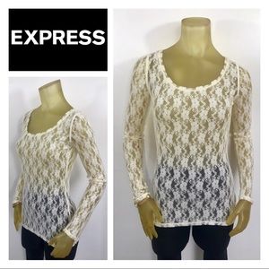 EXPRESS Off White Fitted Lacy Sheer Top Shirt XS